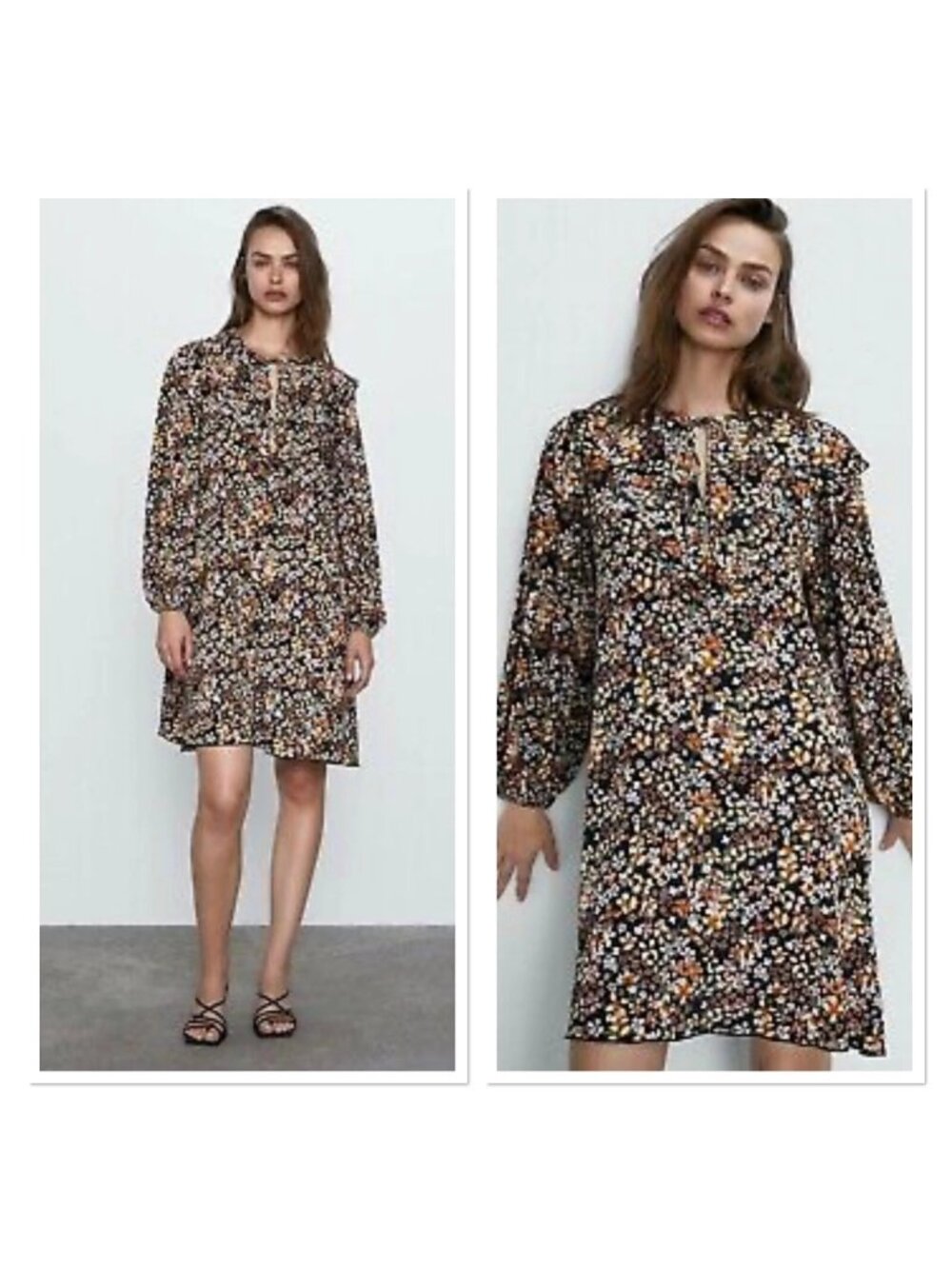 Floral ZARA Oversized Ruffled Smock Dress Keyhole Tie Neckline Black Multicolor